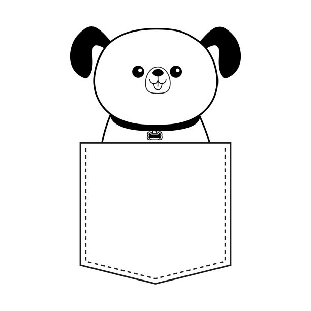 小狗笑脸头像坐在口袋里。可爱的卡通狗。外形轮廓。卡哇伊的动物。有趣的小狗。爱的名片。平面设计。孤立的白色背景图片下载
