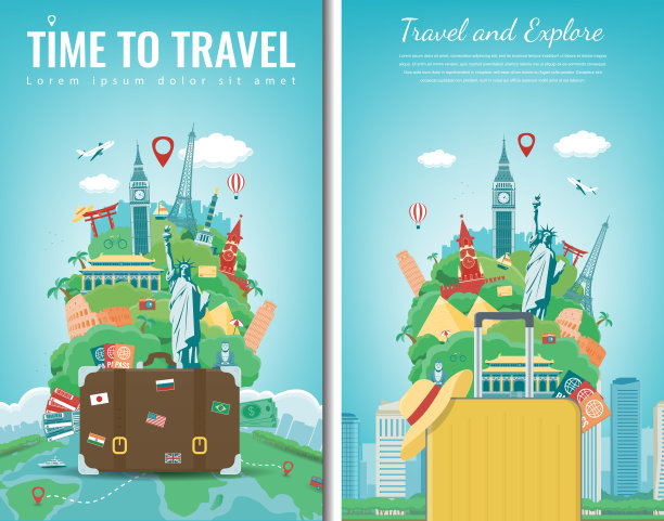 旅游作文与著名的世界地标。旅游和旅游概念。向量图片下载