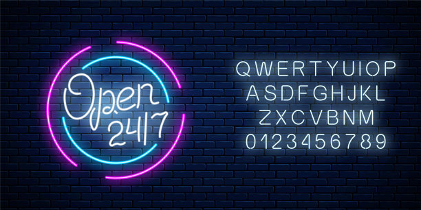 霓虹灯7天24小时开放，用字母标成圆形。24小时工作酒吧或商店招牌图片下载