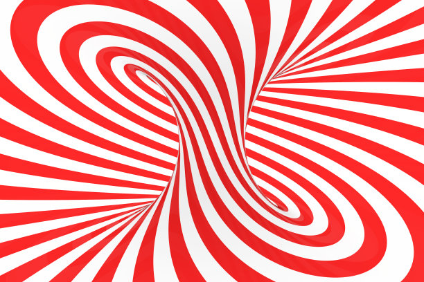 漩涡光学3D错觉光栅插图。对比红色和白色的螺旋条纹。几何环面图像与线，环。图片下载