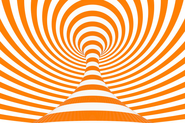 圆环三维光学错觉光栅插图。催眠的白色和橙色管图像。对比扭圈，条纹点缀。图片下载