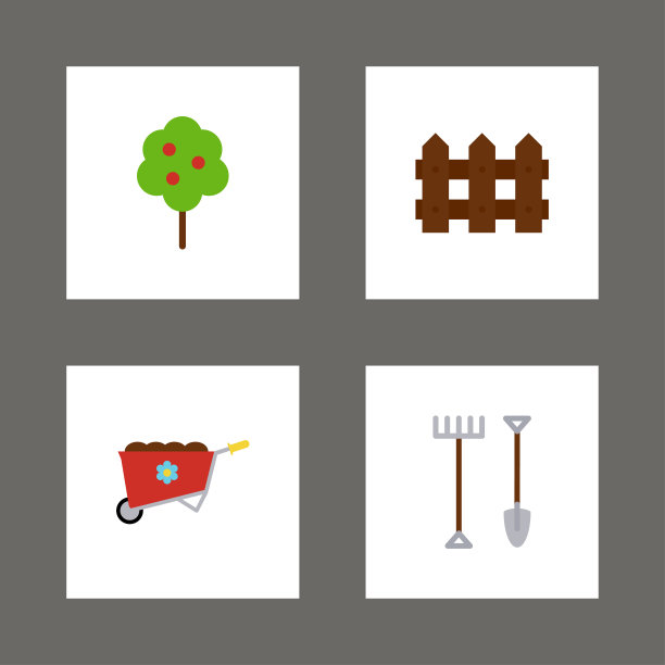 苹果，手推车，栅栏，耙子和铁铲。矢量插图在平面风格图片下载