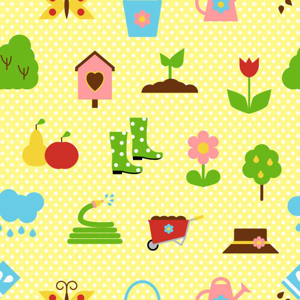 无缝模式与花园图标上的黄色背景。矢量插图。图片下载