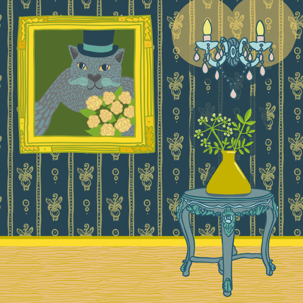 金色和海军蓝古典室内设计图片下载