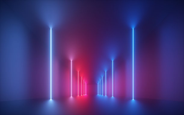 3D渲染粉蓝霓虹灯垂直发光线隧道背景素材图片