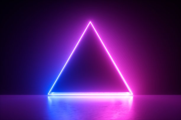 3D渲染：蓝粉霓虹灯三角形框架素材图片