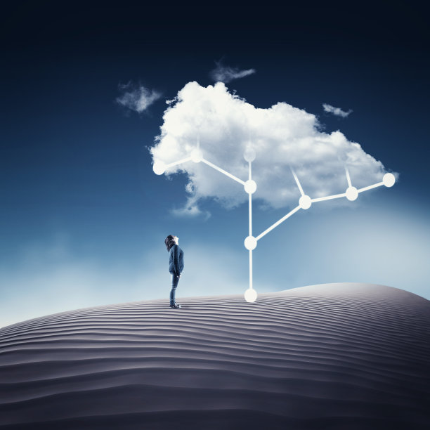 在沙漠中，一个女人抬头望着一棵电路板树和一朵云彩。图片下载