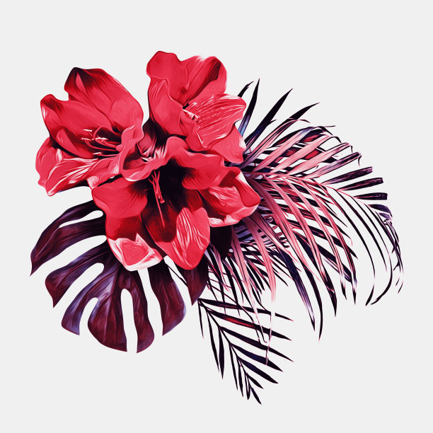 异国情调的花束与怪物的叶子，手绘图案。图片下载