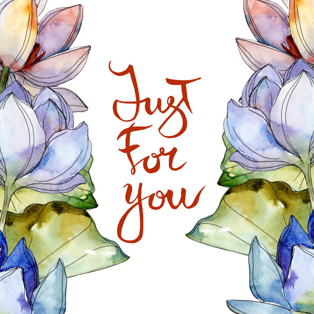 蓝色紫色的植物花。水彩背景插图集。边框装饰方形。图片下载