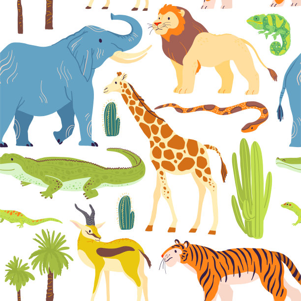 矢量平面无缝模式手绘沙漠动物，爬行动物，棕榈树，仙人掌孤立在白色的背景。图片下载