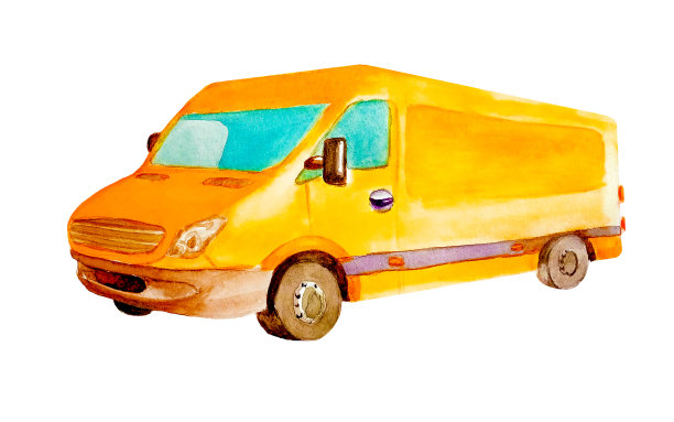 水彩橙色货车卡车与灰色车轮隔离在白色背景明信片，商业和儿童的卡片，货物运输的插图，交通或运输工人的一天图片下载
