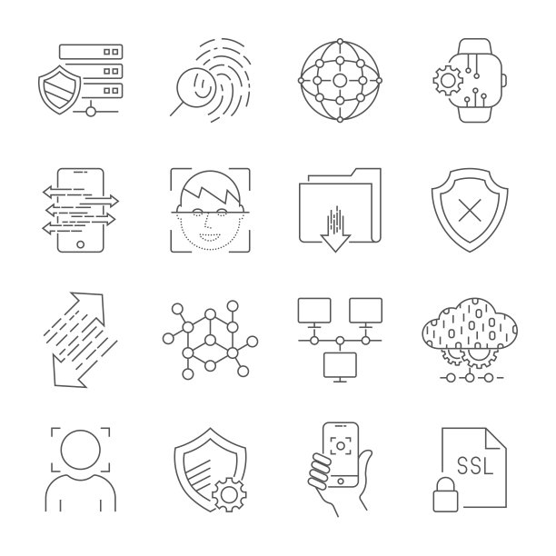 个人数据保护图标，安全帐户登录，用户界面登录，面部识别，站点访问授权，在线保护和安全。可编辑的中风。每股收益10图片下载