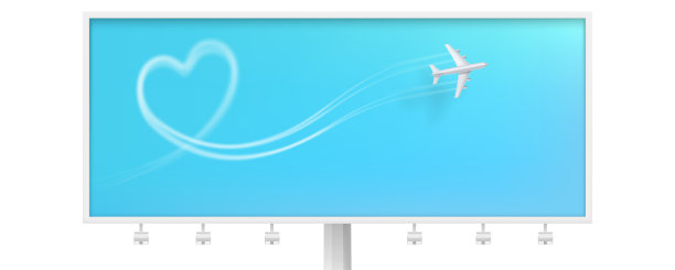 飞机飞行路线呈心形。广告牌上有飞机烟线的痕迹。现实的图标飞机在蓝色的背景。矢量模板的旅游和旅行社。图片下载