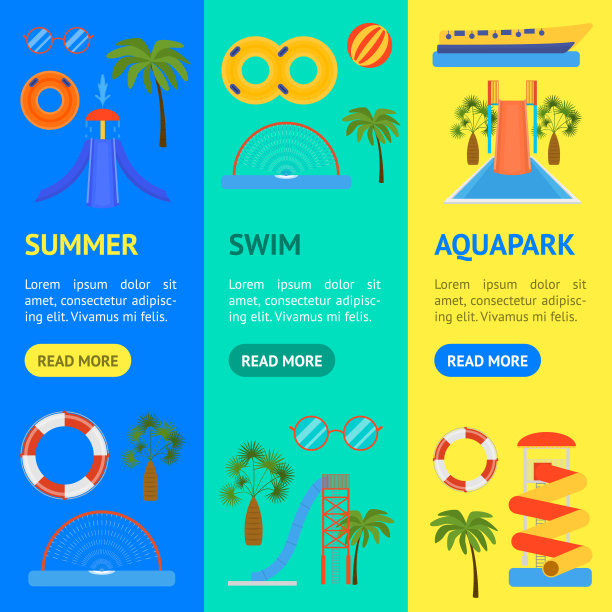 卡通水上公园游乐场横幅矢量集。向量图片下载