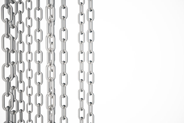 3D插图金属链。金属，钢链隔离在白色背景上。工业用金属链条。强大的链接的概念。背景金属链为您的布局，模板设计，文字。图片下载