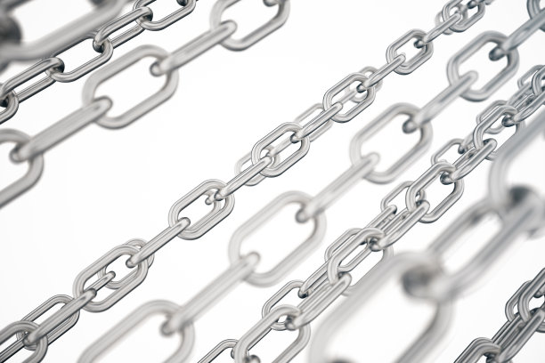 3D插图金属链。金属，钢链隔离在白色背景上。工业用金属链条。10、金属锁链非常耐用，成功的理念。联系紧密的概念图片下载