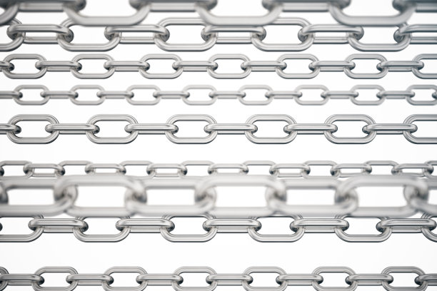 3D插图金属链。金属，钢链隔离在白色背景上。工业用金属链条。10、金属锁链非常耐用，成功的理念。联系紧密的概念图片下载
