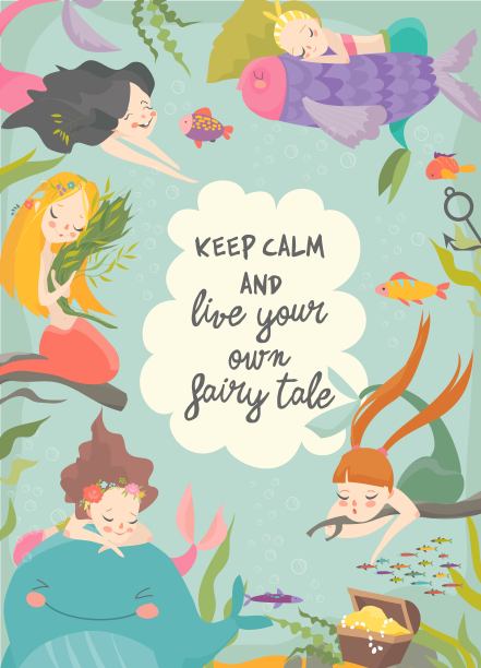 可爱的卡通相框和小美人鱼。海底素材图片