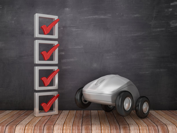 3D检查表与电脑鼠标在轮子上的黑板背景- 3D渲染图片下载