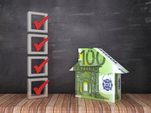 3D检查表与欧洲拼图房子在黑板上的背景- 3D渲染图片下载