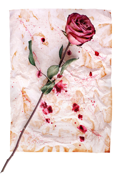一朵红玫瑰花在皱巴巴的老纸上，背景上有油渍，靠近孤立的白色，假日邀请或贺卡设计，浪漫的复古花卉艺术安排，复制空间图片下载