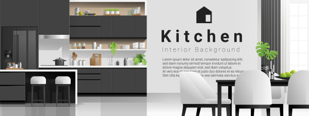 室内背景与现代黑白厨房，矢量，插图图片下载