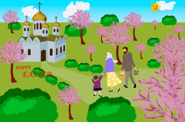 全家(父亲、母亲、女儿)带着复活节彩蛋和复活节烘焙去教堂。图片下载