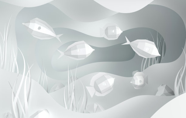 海底纸洞里有鱼、石头、海底有海藻、浪花。剪纸深风格3d渲染。深海生物，潜水概念。海洋野生动物图片下载