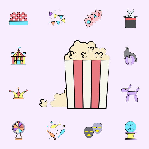 爆米花彩色图标。马戏团图标通用设置为网络和移动图片下载