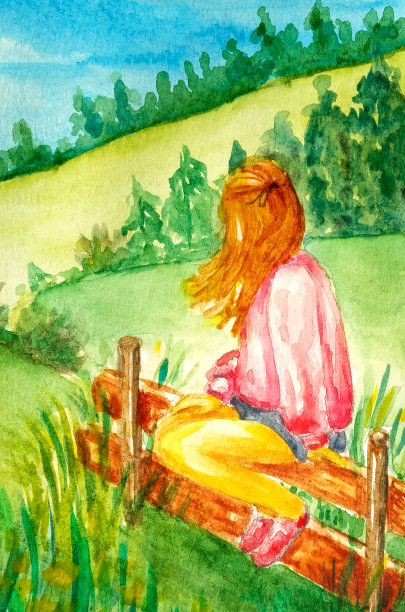 美丽的年轻女孩坐在篱笆上，看着乡村风景和山脉，田野，森林。风吹着她的红头发。夏天,温暖。水彩明信片，卡片图片下载