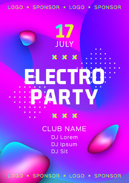 电子音乐节海报设计。电子宣传单，俱乐部邀请模板。摘要梯度液体形状。A4大小，矢量插图图片下载
