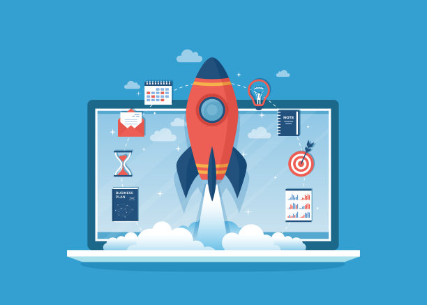 创业项目启动、财务规划、理念、策略、管理、实现、成功。火箭发射，商业计划，文件，沙漏，目标，要做的清单，日历在笔记本电脑屏幕矢量图片下载