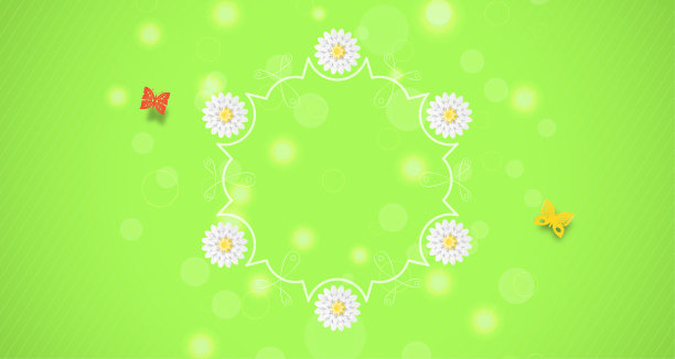 宽大的海报有渐变的绿色背景，线条，辉光，花朵和蝴蝶排列在中心。图片下载