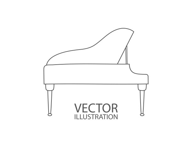 三角钢琴线性图标孤立在白色背景与地方的文本矢量插图。图片下载
