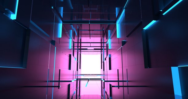 未来主义科幻小说中粉色和蓝色的隧道。3 d渲染。图片下载