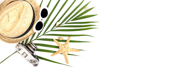 平铺旅行者配件:热带棕榈叶，复古相机，草帽，时尚太阳镜，贝壳，海星在白色背景。图片下载