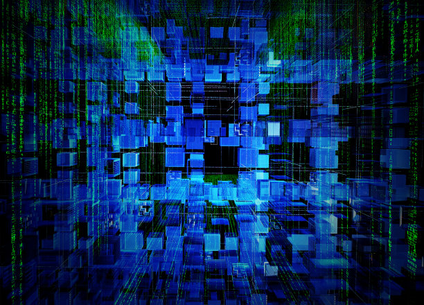 三维半透明挤压立方体的房间背景由二进制矩阵编码。技术背景，3D插图图片下载