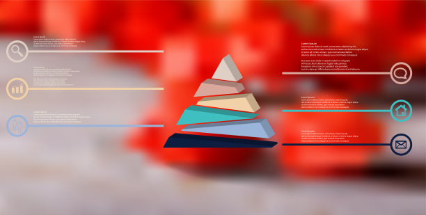 3D插图信息图模板。浮雕三角形被随机划分为六个彩色移位部分。对象被安排在模糊的照片。有圆圈标志的线在两边。图片下载