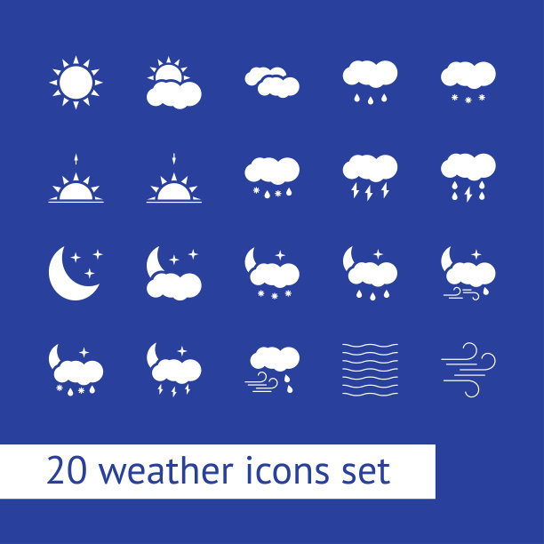 20个白色天气图标设置在蓝色背景。矢量插图。图片下载