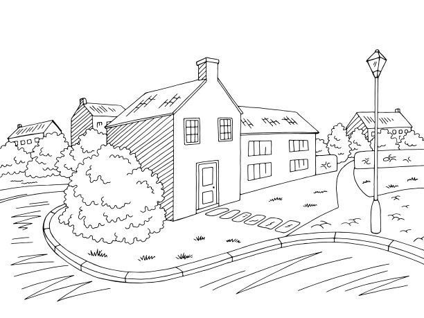 老街道路图形黑白城市景观素描插图矢量图片下载