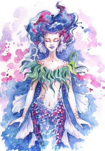 水彩画的一个女孩美人鱼蝴蝶海素材图片