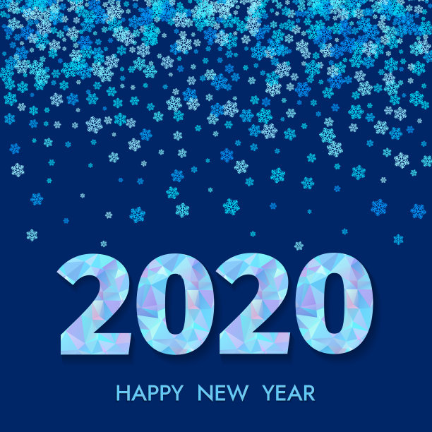 2020年新年贺卡。蓝色数字2020和雪花在黑色的背景。素材图片