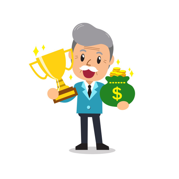 卡通高级商人拿着奖杯和钱袋图片下载