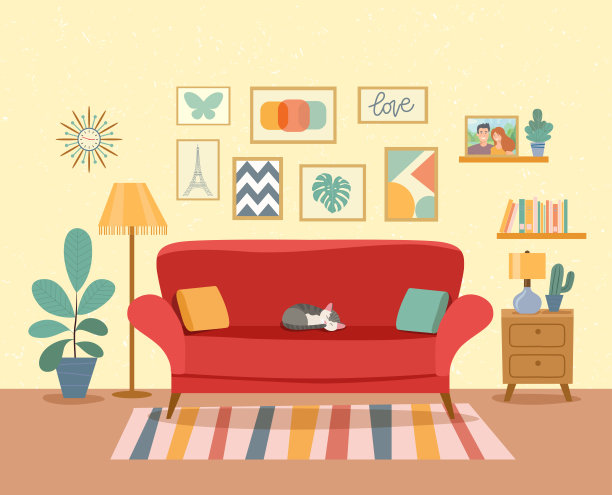 室内客厅有书柜、沙发、室内植物。矢量平面插图素材图片