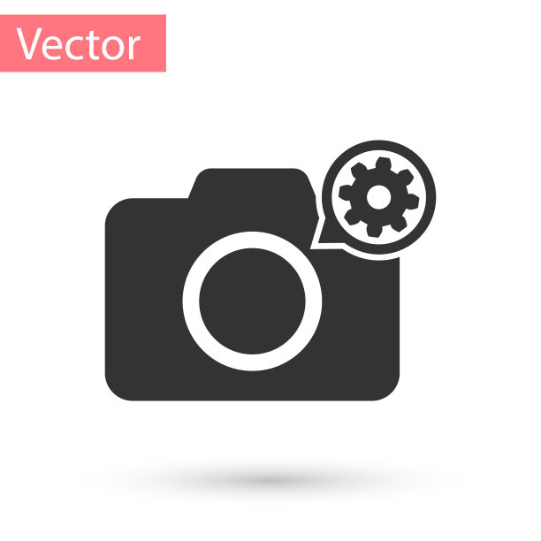 灰色照片相机和齿轮图标孤立在白色背景。调整app，服务理念，设置选项，维护，维修，固定。矢量图图片下载