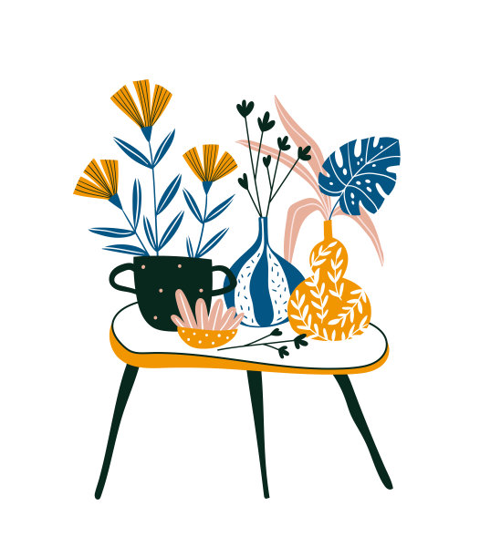 夏季花卉卡片或打印的t恤在手绘风格。白色背景上的家庭室内矢量设计。图片下载