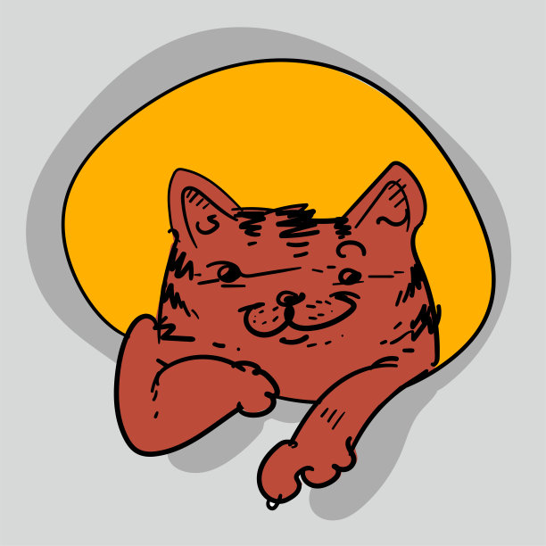 一只有趣的猫给我们看什么东西。卡通风格矢量插图。图片下载