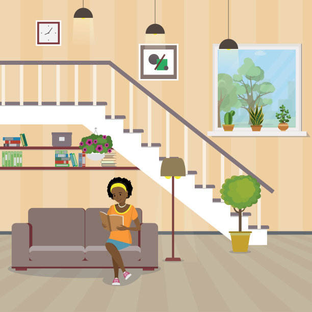 家庭内部有家具。非裔美国年轻女子，拿着书坐在沙发上图片下载