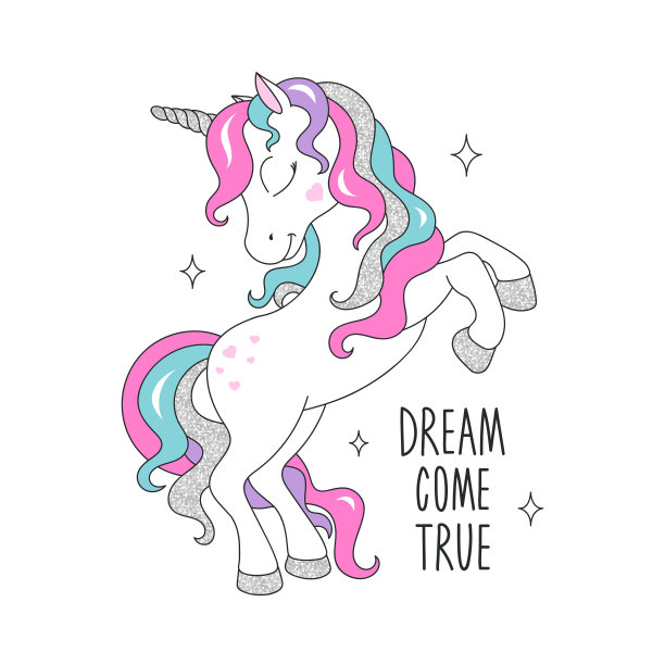 闪光独角兽画t恤。梦想成真文字文字。为孩子设计。时尚插画，现代风格的服装。少女的打印。闪闪发光,独角兽。图片下载