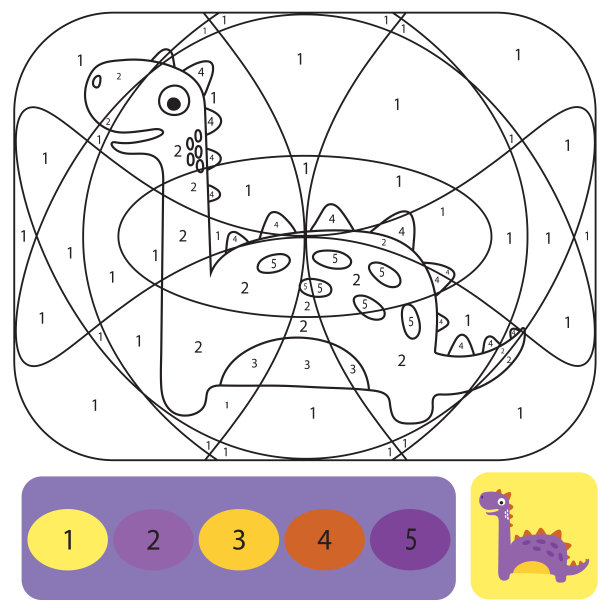 可爱的恐龙着色页的孩子。用颜色的数字填色游戏图片下载